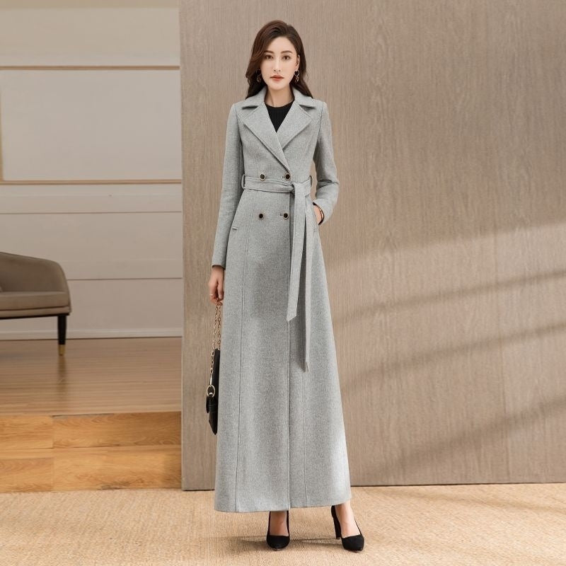Woolen Double-breasted Elegant Cashmere Coat - Gray / S