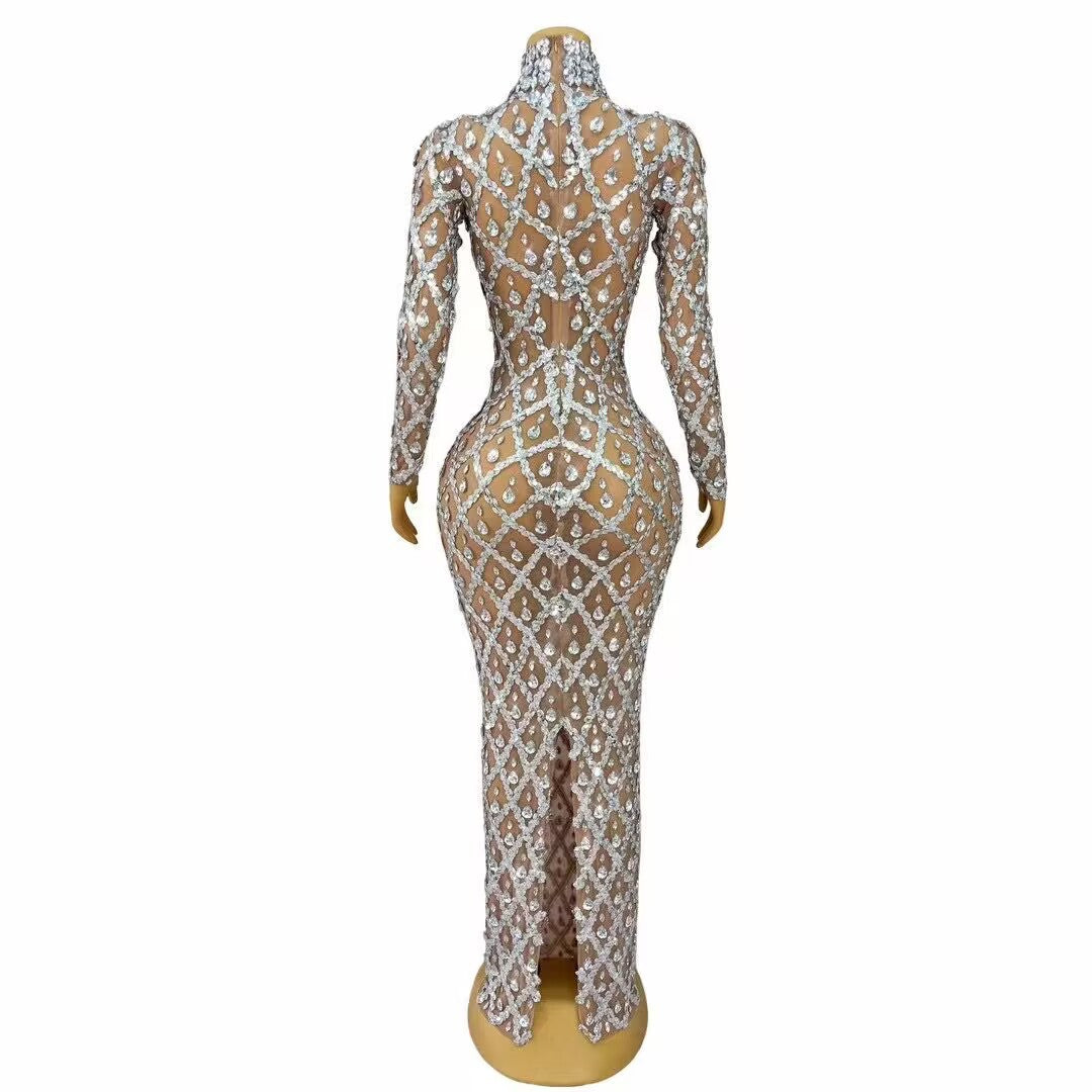 Luxury Beautiful Shining Rhinestone Sexy See-through Mesh Long Dress