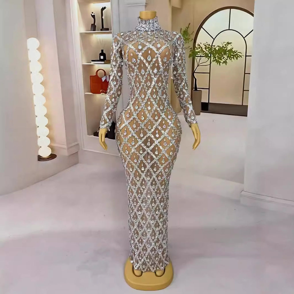 Luxury Beautiful Shining Rhinestone Sexy See-through Mesh Long Dress