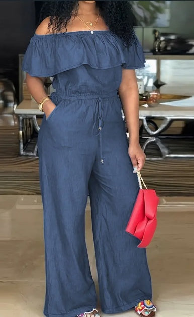 Solid Off Shoulder Tie Waist Jumpsuit Elegant Ruffle Trim Wide Leg Jumpsuit Women’s Clothing - 4