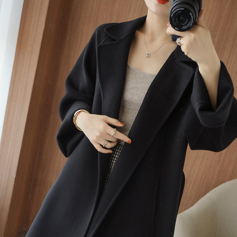 Reversible Cashmere Coat Women’s Mid-length Loose Over Knee Coat - Black / S
