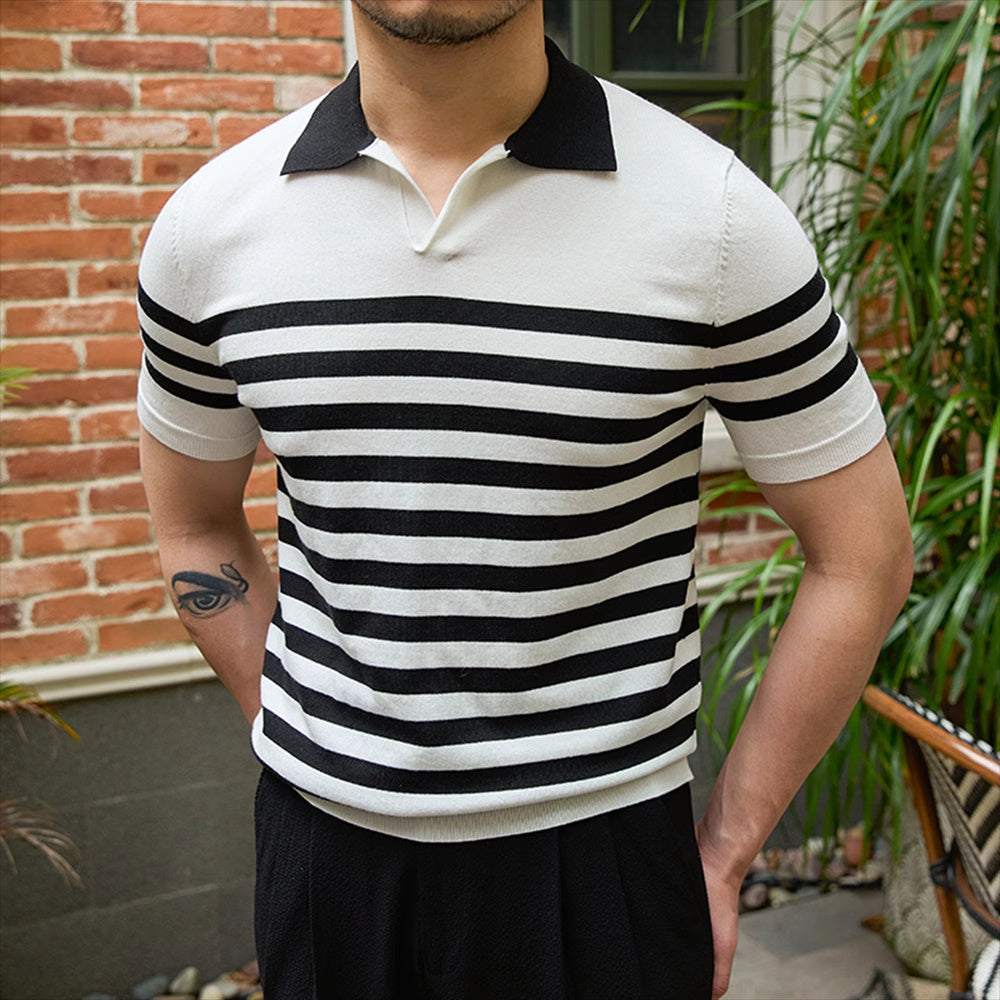 Lapel Lyocell Short Sleeve Fashion Breathable Stripes Polo Shirt - Black And White / M