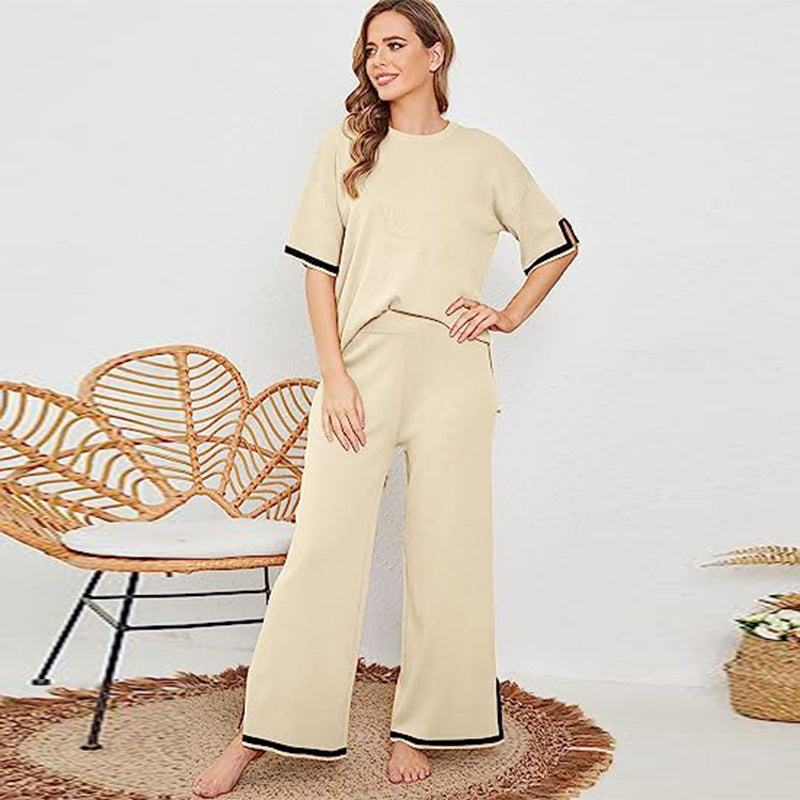 New Knitting Suit Sweater Suit Short Sleeve Pullover Wide Leg Pants - Apricot / S