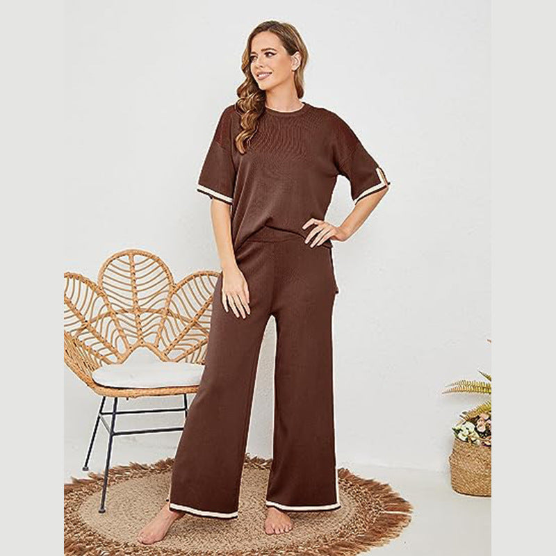 New Knitting Suit Sweater Suit Short Sleeve Pullover Wide Leg Pants - Dark Brown / S