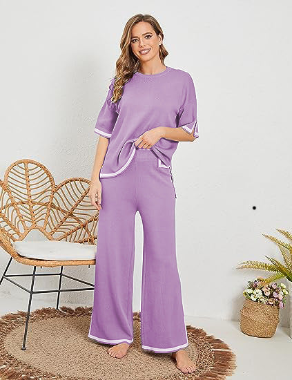 New Knitting Suit Sweater Suit Short Sleeve Pullover Wide Leg Pants - Light Purple / S