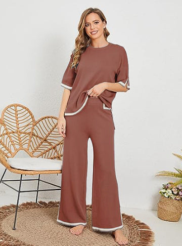 New Knitting Suit Sweater Suit Short Sleeve Pullover Wide Leg Pants - Rust Red / L