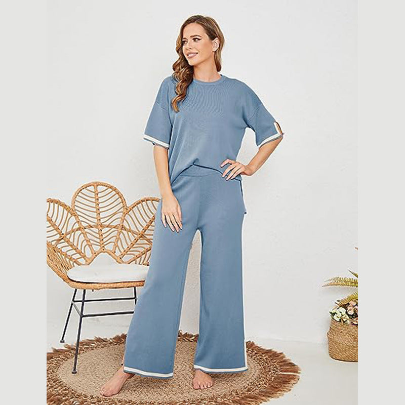 New Knitting Suit Sweater Suit Short Sleeve Pullover Wide Leg Pants - Sapphire Blue / S