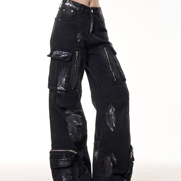 Make Old Graffiti Dyed Multi Pocket Workwear Jeans - Black / S