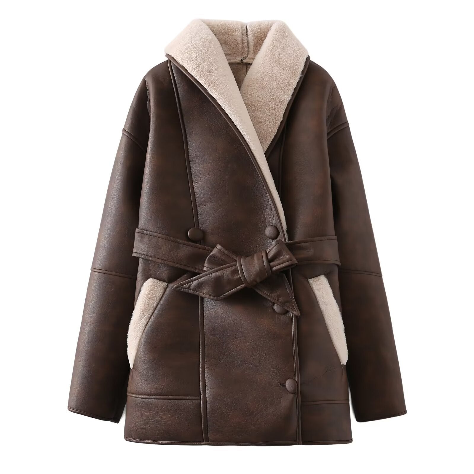 Fashion Cashmere Leather Fur Collar Composite Belt Coat - Maroon / S