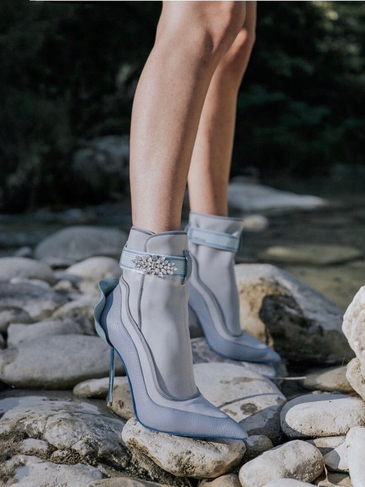 Martin Boots With Small Buds And Thin Heels - Blue / 34