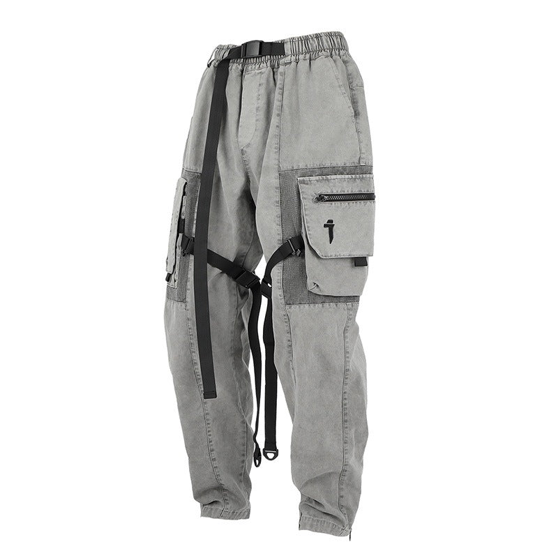 Mechanical Style Washed Overalls Loose Casual Trousers - Gray / M