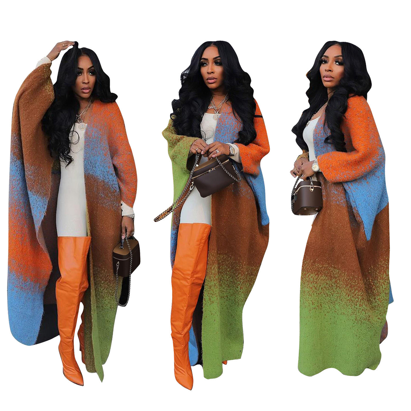 Casual Loose Knitted Long Women’s Coat - Orange Green / Free Size