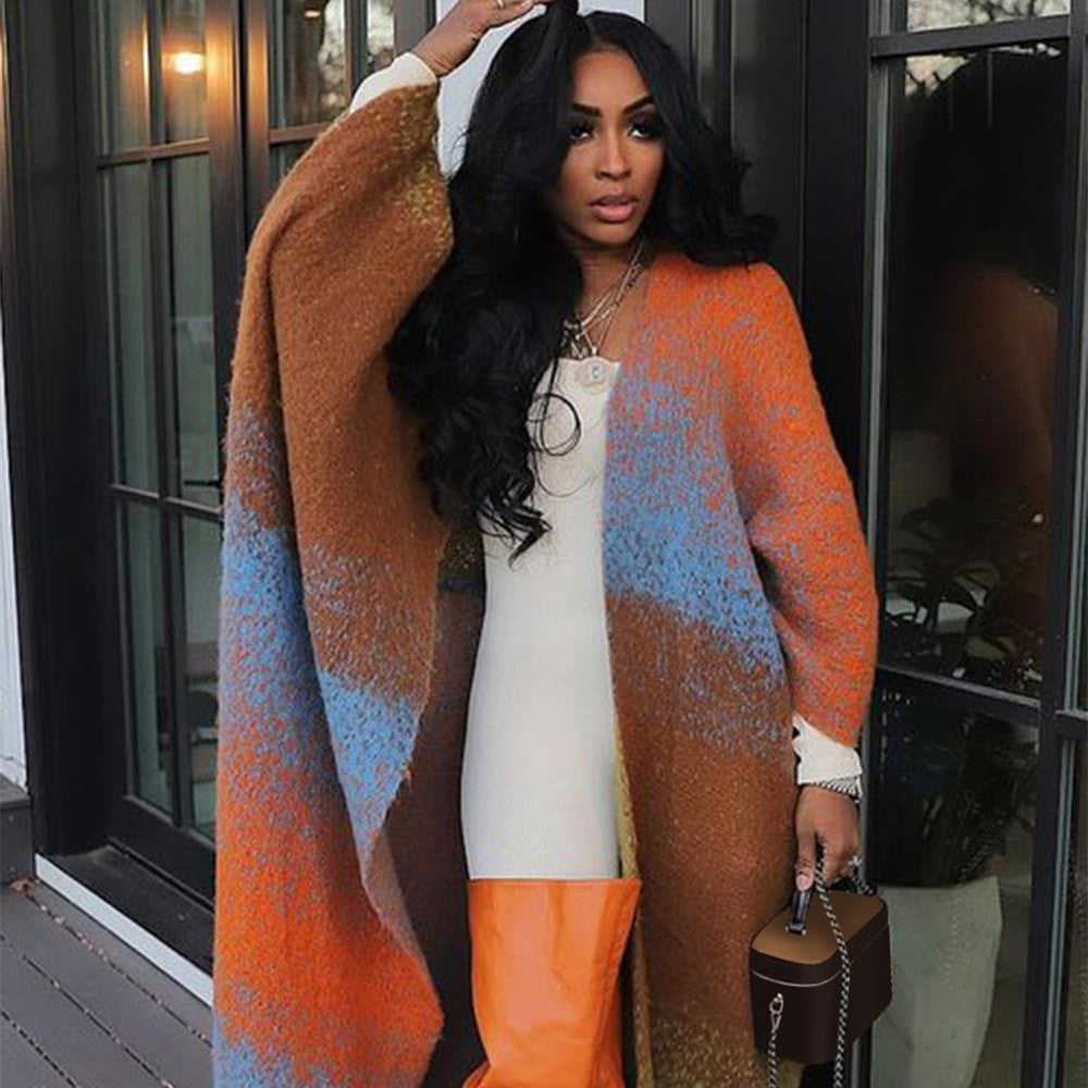 Casual Loose Knitted Long Women’s Coat - Orange Green / Free Size
