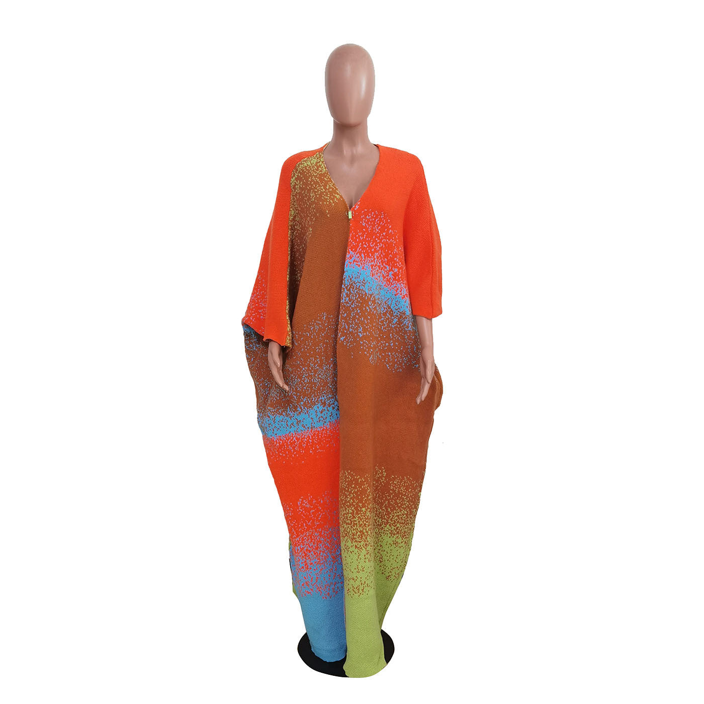 Casual Loose Knitted Long Women’s Coat - Orange Green / Free Size