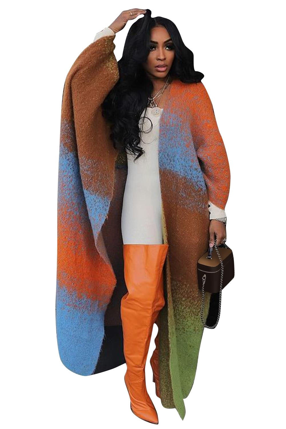 Casual Loose Knitted Long Women’s Coat - Orange Green / Free Size