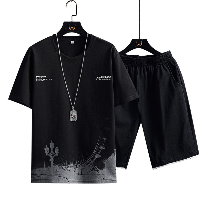 New Cotton Men’s Casual Sports Loose Shorts Round Neck T-shirt Suit