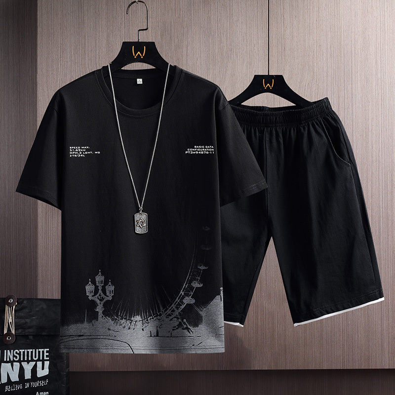 New Cotton Men’s Casual Sports Loose Shorts Round Neck T-shirt Suit - Black / M