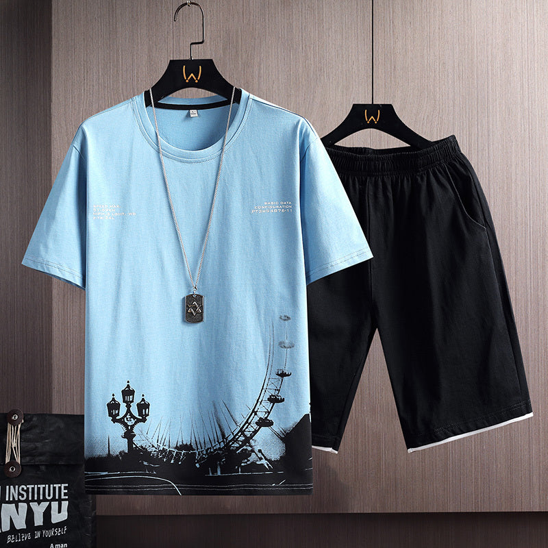 New Cotton Men’s Casual Sports Loose Shorts Round Neck T-shirt Suit - Blue / M