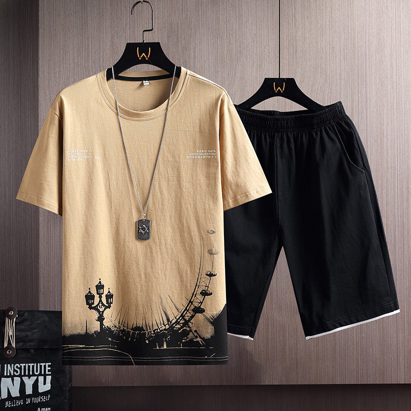 New Cotton Men’s Casual Sports Loose Shorts Round Neck T-shirt Suit - Khaki / M