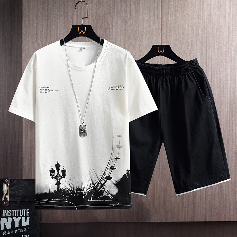 New Cotton Men’s Casual Sports Loose Shorts Round Neck T-shirt Suit - White / M