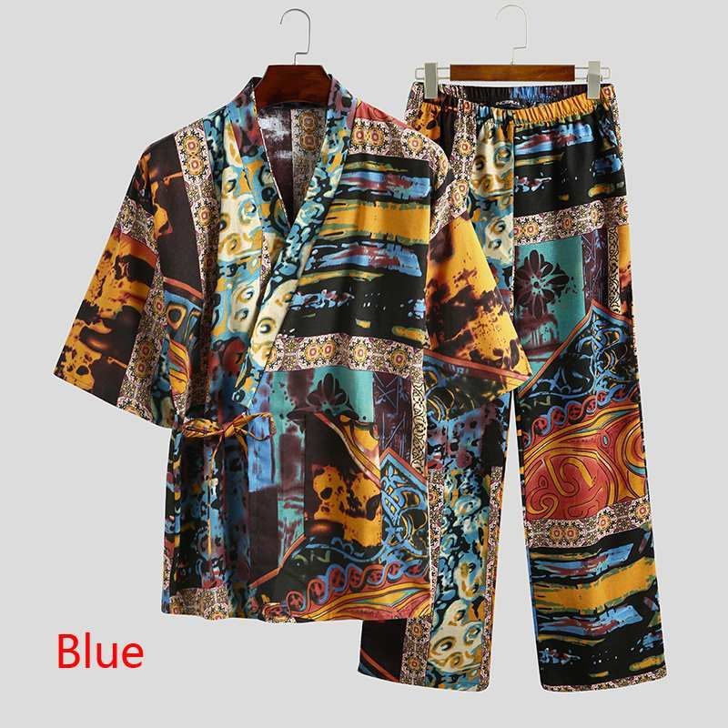 Men Pajamas Sets Men Half Sleeve V Neck Printed Lace Up - Blue / S