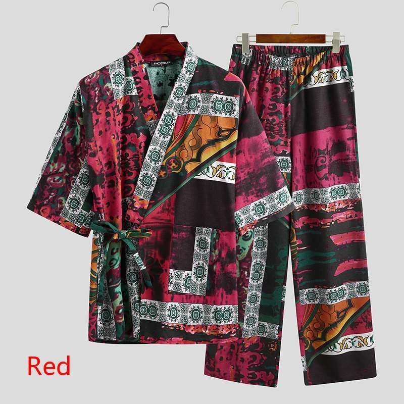 Men Pajamas Sets Men Half Sleeve V Neck Printed Lace Up - Red / S