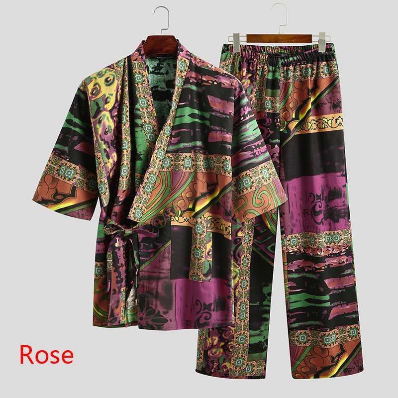 Men Pajamas Sets Men Half Sleeve V Neck Printed Lace Up - Rose / S