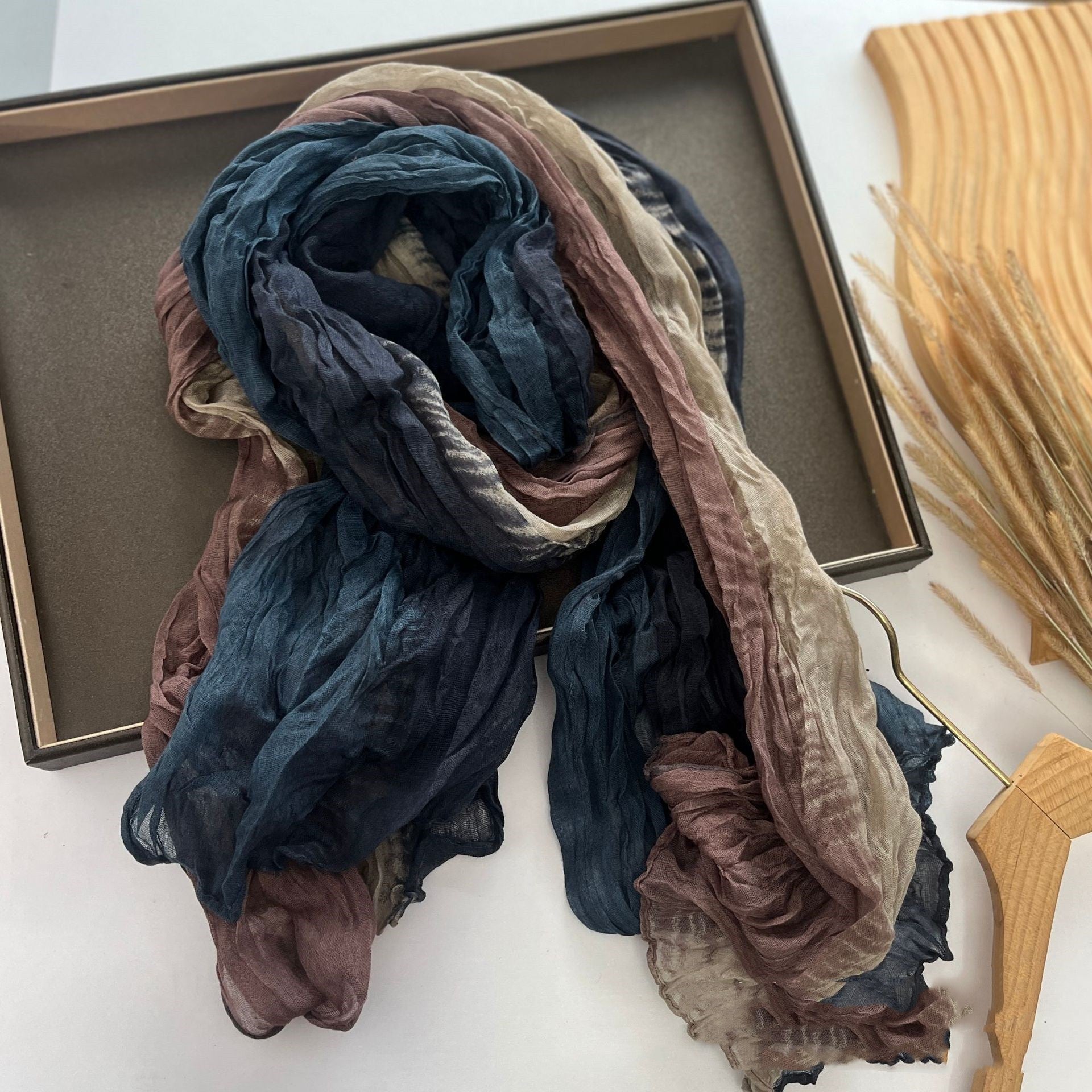 Men’s And Women’s Color Matching Autumn And Winter Cotton And Linen Feel Long Strip - Blue Camel / 180cm