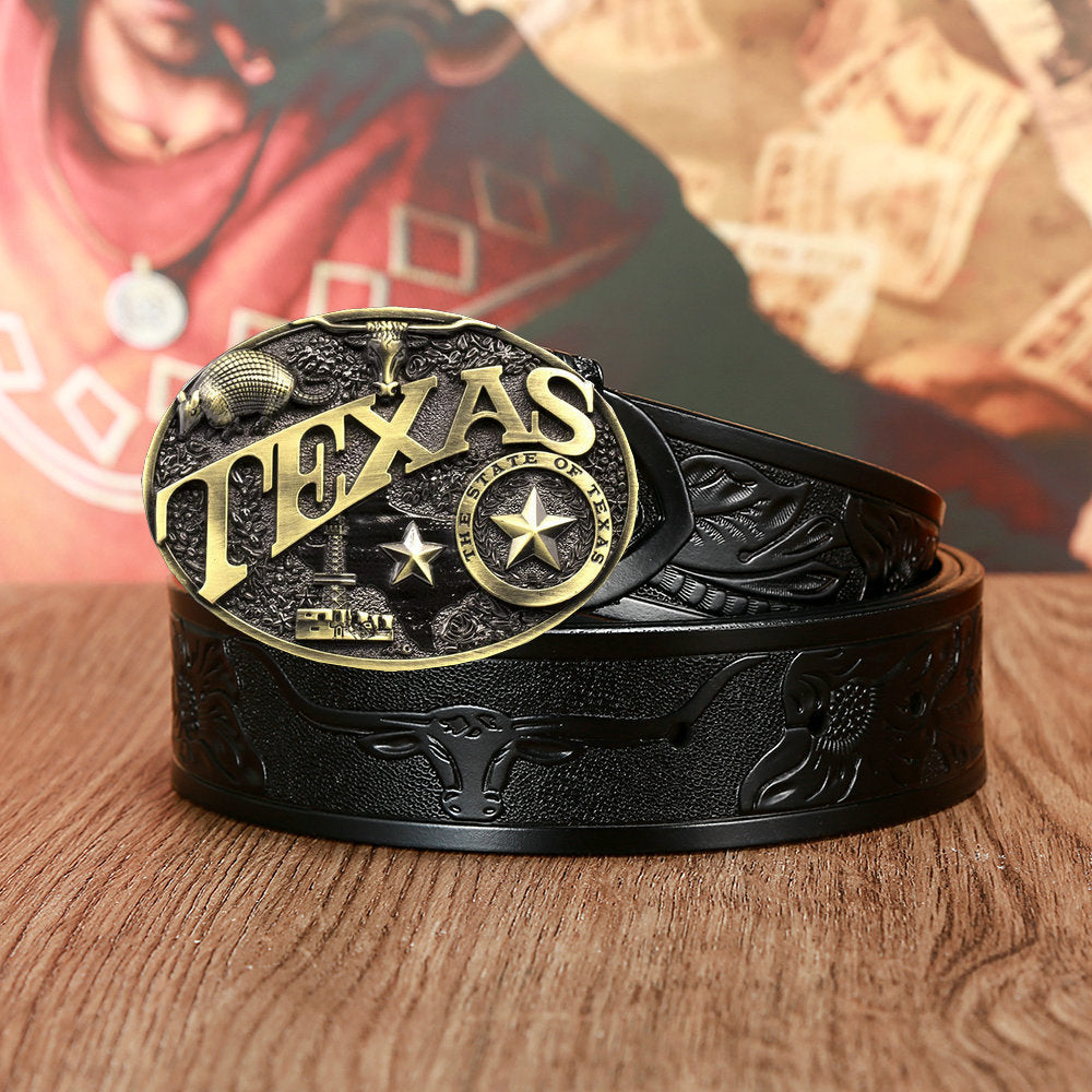 Men’s And Women’s Fashion Texas Cow Head Belts - Black / 105CM