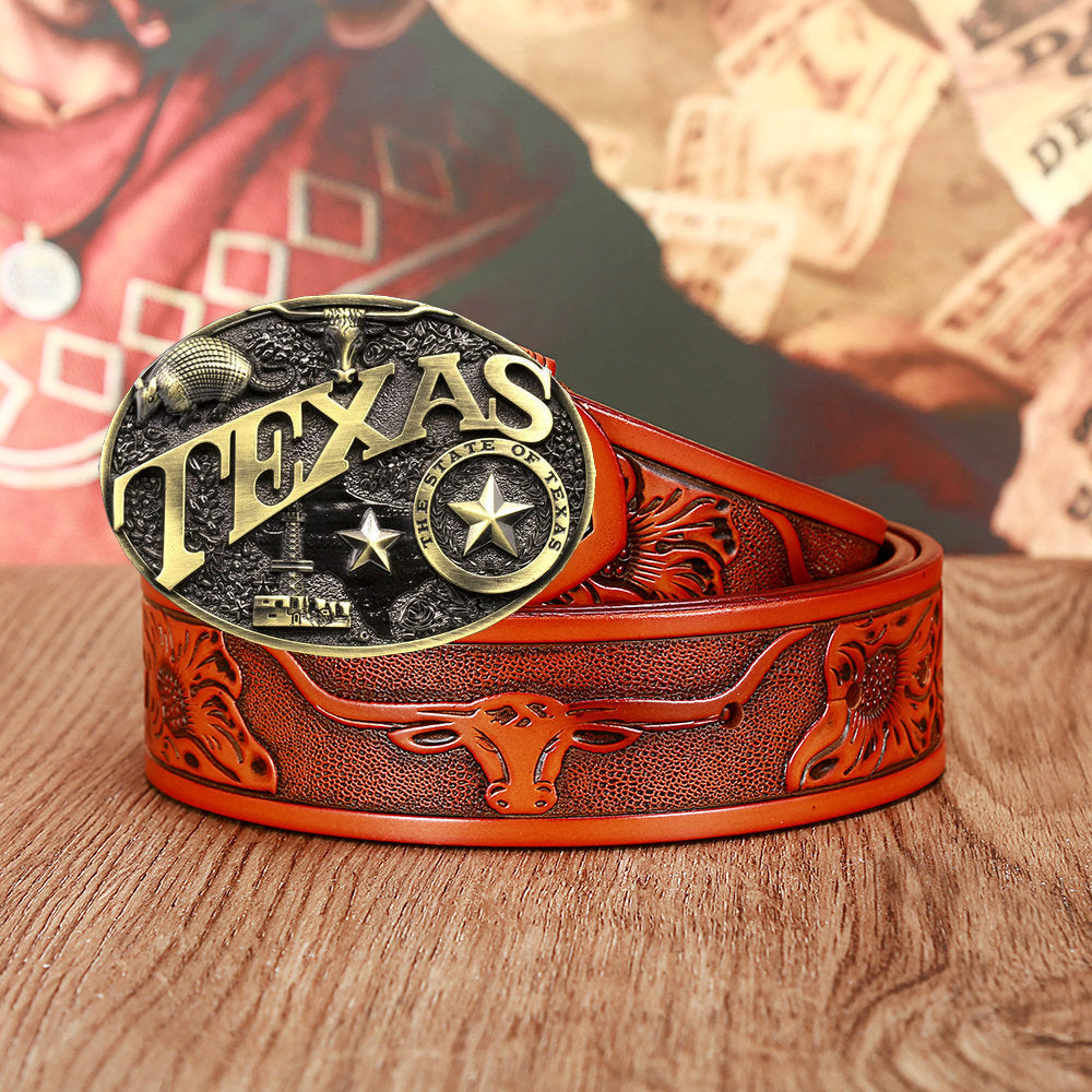 Men’s And Women’s Fashion Texas Cow Head Belts - Brown / 105CM