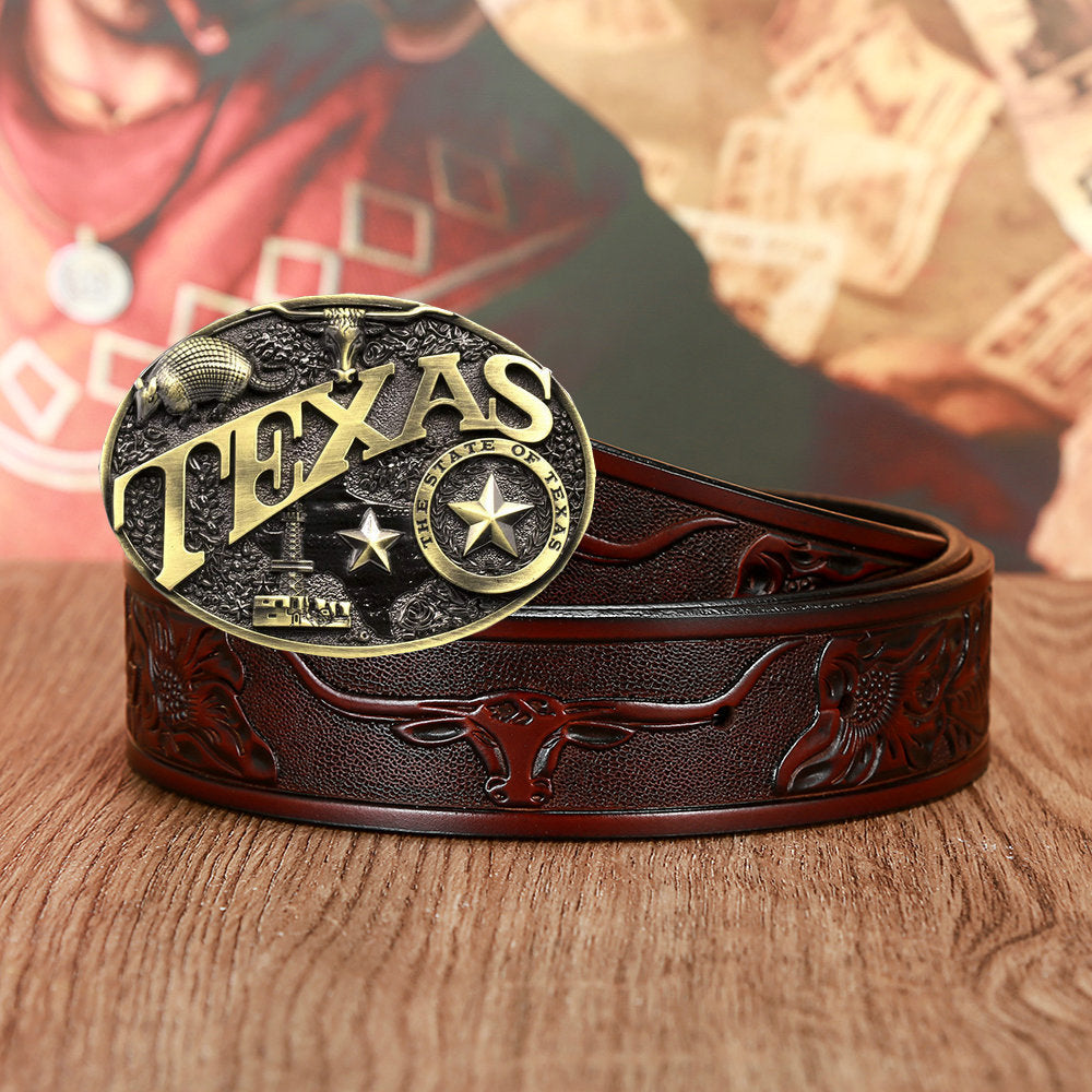 Men’s And Women’s Fashion Texas Cow Head Belts - Coffee / 105CM