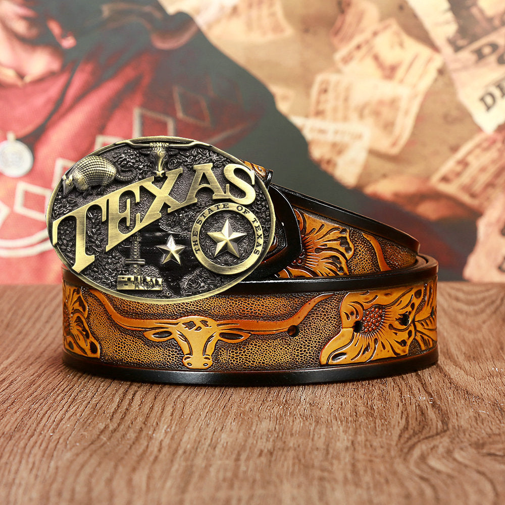 Men’s And Women’s Fashion Texas Cow Head Belts - Yellow / 105CM