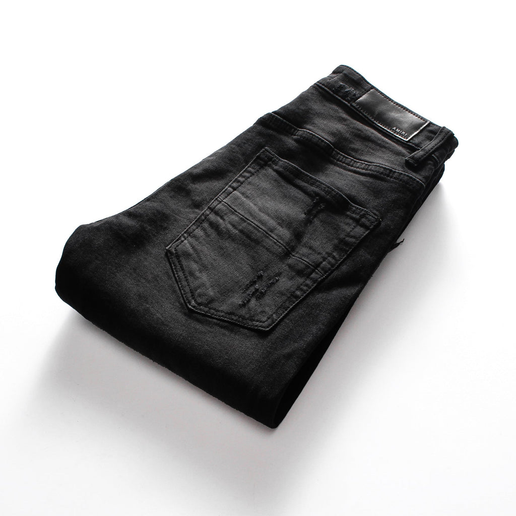 Men’s Black Patch Jeans Slim Fit Hong Kong Style