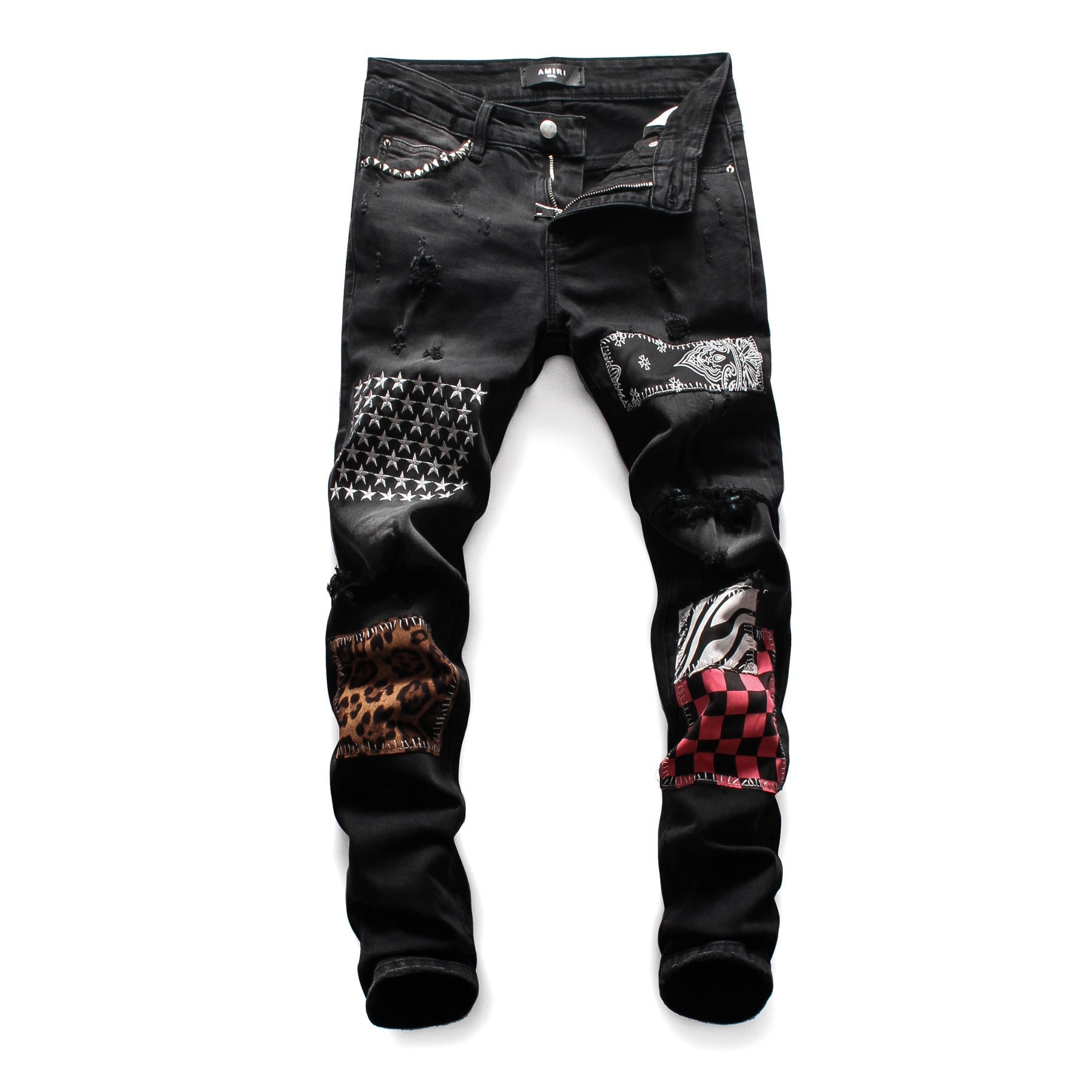 Men’s Black Patch Jeans Slim Fit Hong Kong Style