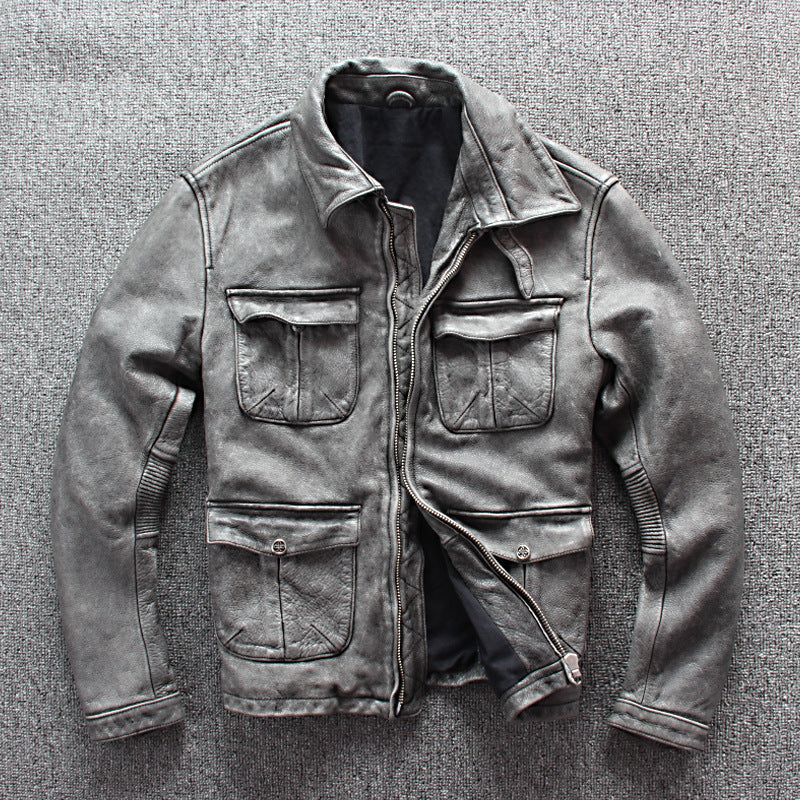 Men’s Business Shirt Pocket Motorcycle Clothing Leather Jacket Coat - Gray / S