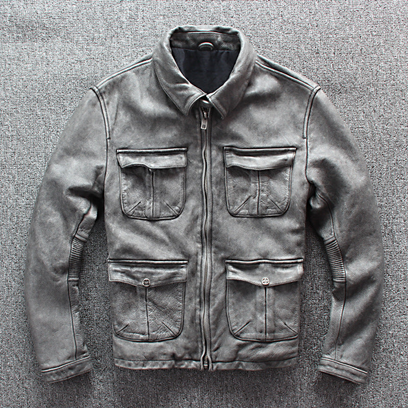 Men’s Business Shirt Pocket Motorcycle Clothing Leather Jacket Coat