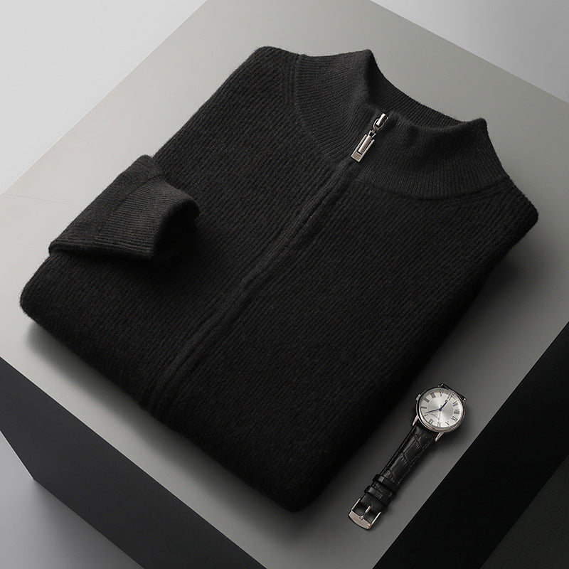 Men’s Cardigan Half Turtleneck Zipper Wool Coat Sweater - Black / S