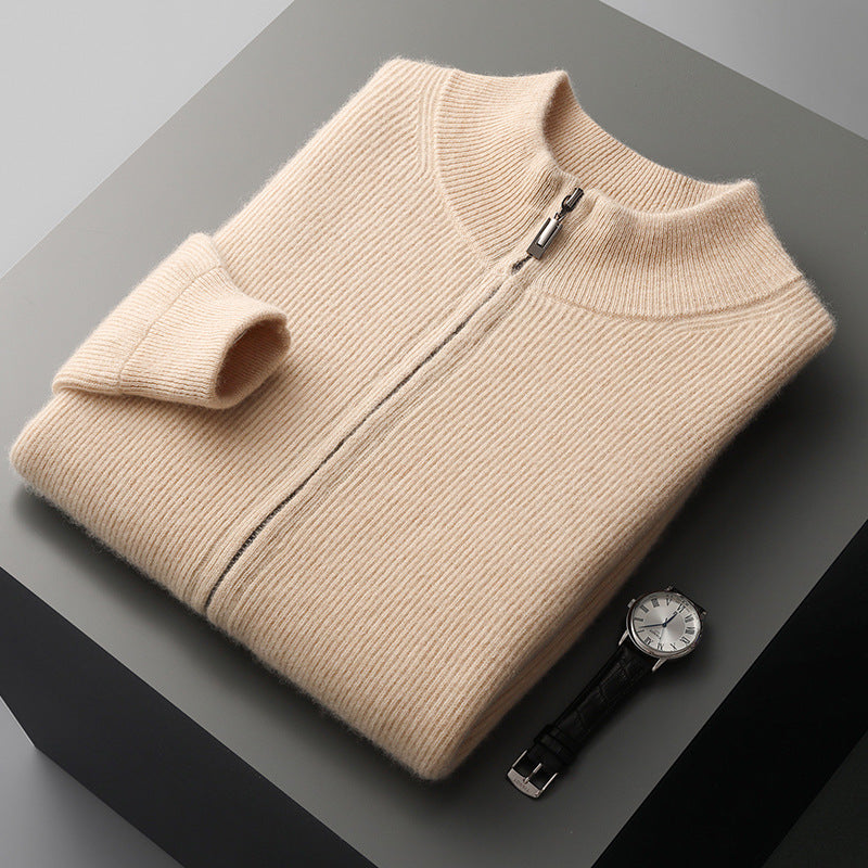 Men’s Cardigan Half Turtleneck Zipper Wool Coat Sweater - Raw Velvet Rice / S