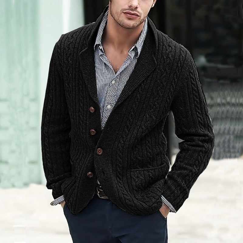 Men’s Casual Long Sleeve Lapel Pocket Sweater - Black / M