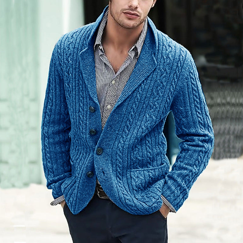 Men’s Casual Long Sleeve Lapel Pocket Sweater - Blue / M