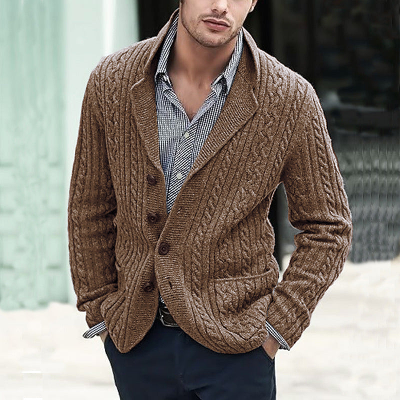 Men’s Casual Long Sleeve Lapel Pocket Sweater - Brown / M