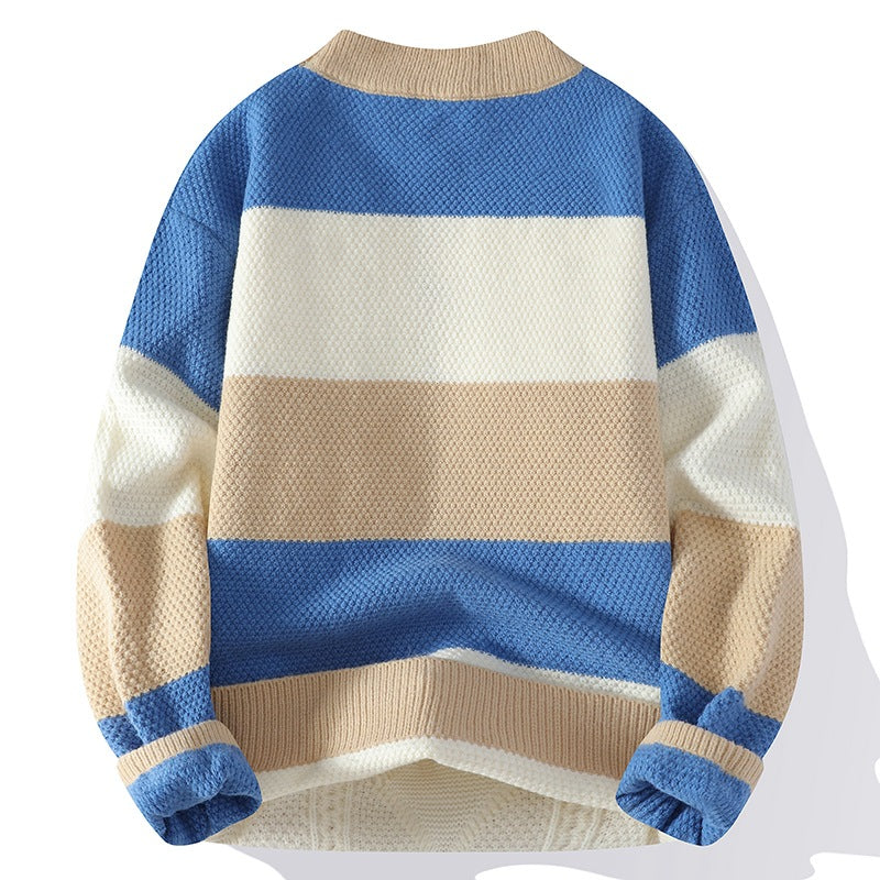 Men’s Casual Round Neck Sweater Contrast Color Knitwear Top