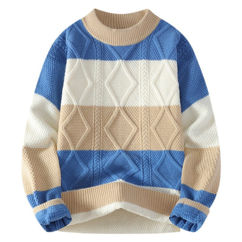 Men’s Casual Round Neck Sweater Contrast Color Knitwear Top