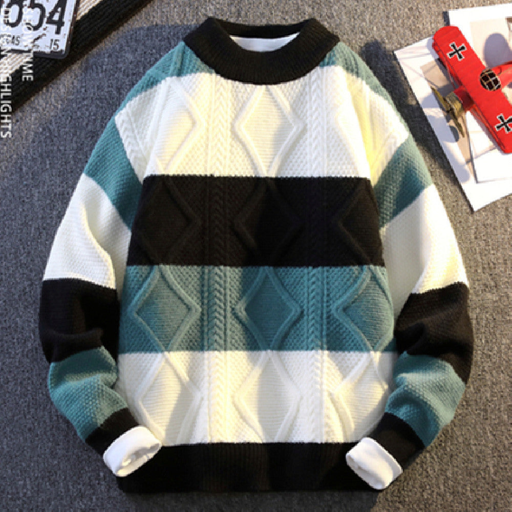Men’s Casual Round Neck Sweater Contrast Color Knitwear Top