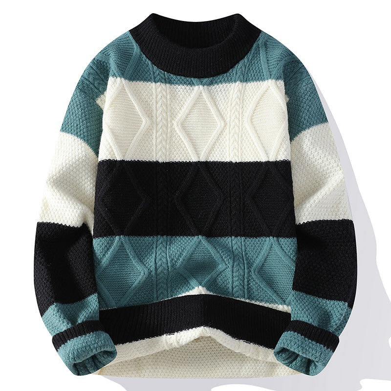 Men’s Casual Round Neck Sweater Contrast Color Knitwear Top - Black / 2XL