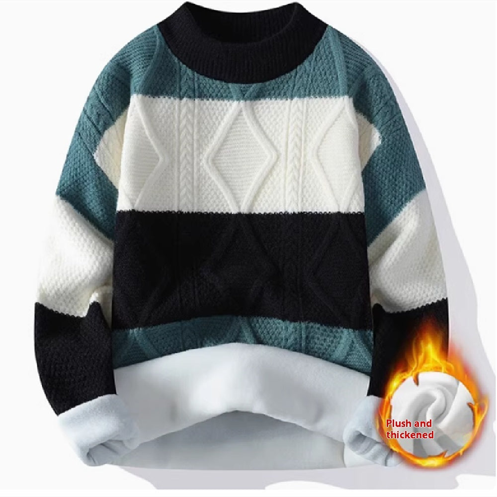 Men’s Casual Round Neck Sweater Contrast Color Knitwear Top - Black with Plush / 2XL