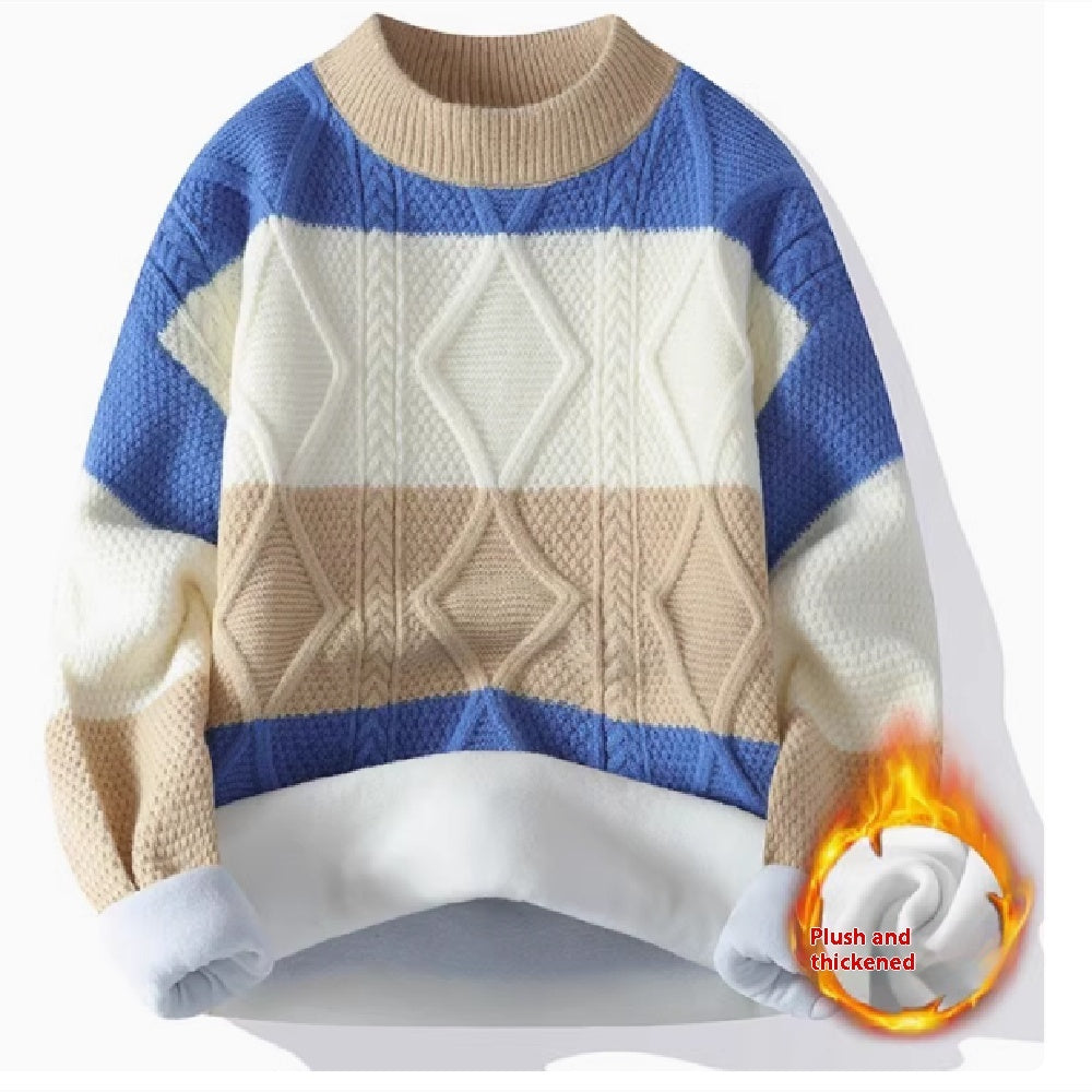 Men’s Casual Round Neck Sweater Contrast Color Knitwear Top - Khaki with Plush / 2XL
