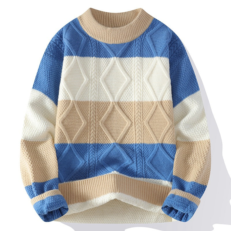 Men’s Casual Round Neck Sweater Contrast Color Knitwear Top - Khaki / 2XL
