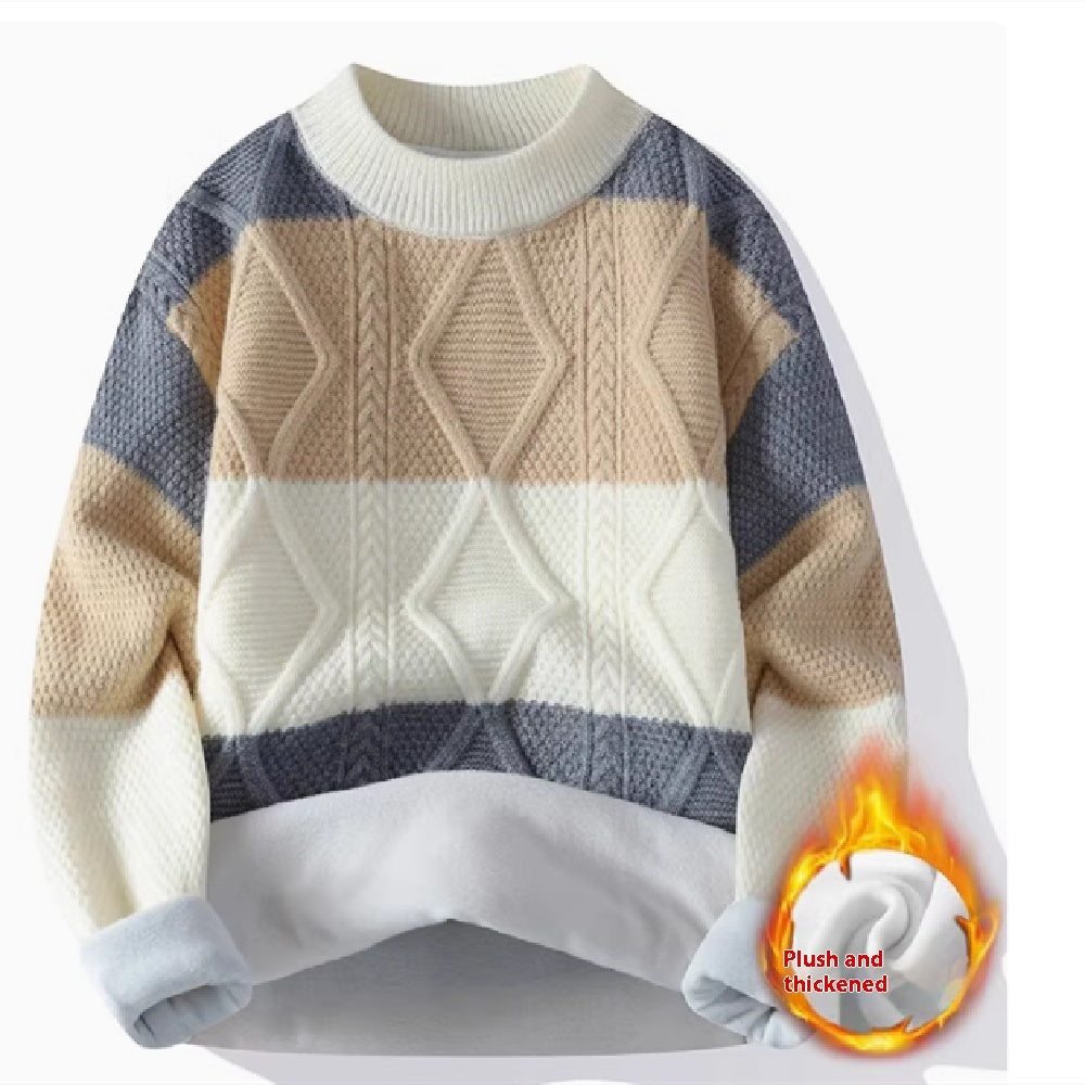 Men’s Casual Round Neck Sweater Contrast Color Knitwear Top - White with Plush / 2XL