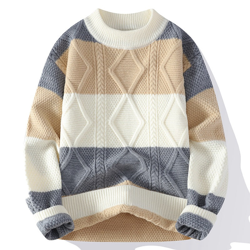 Men’s Casual Round Neck Sweater Contrast Color Knitwear Top - White / 2XL